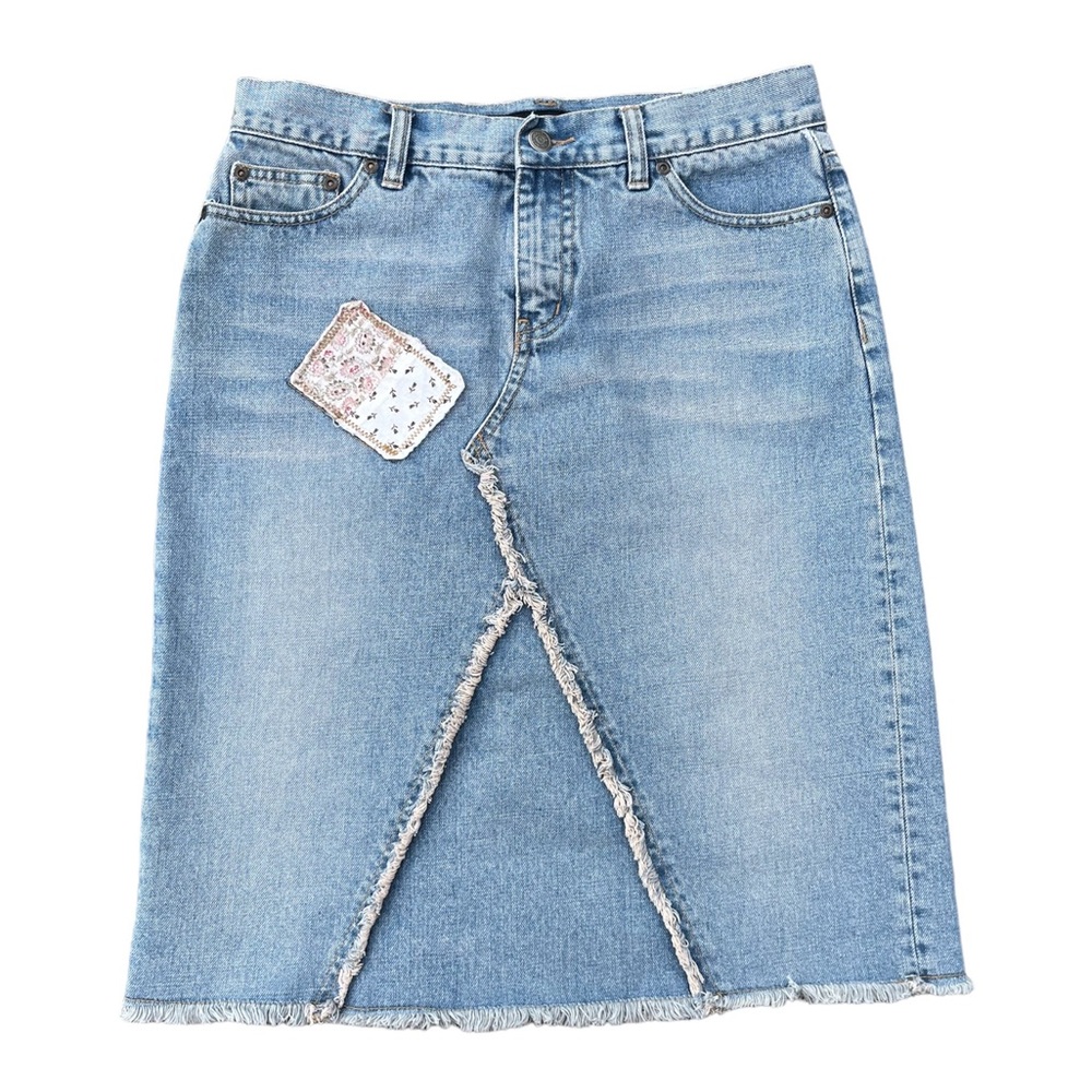 Y2K Nautica Denim Patchwork Medium Wash Fringed Jean Midi Skirt Size 4